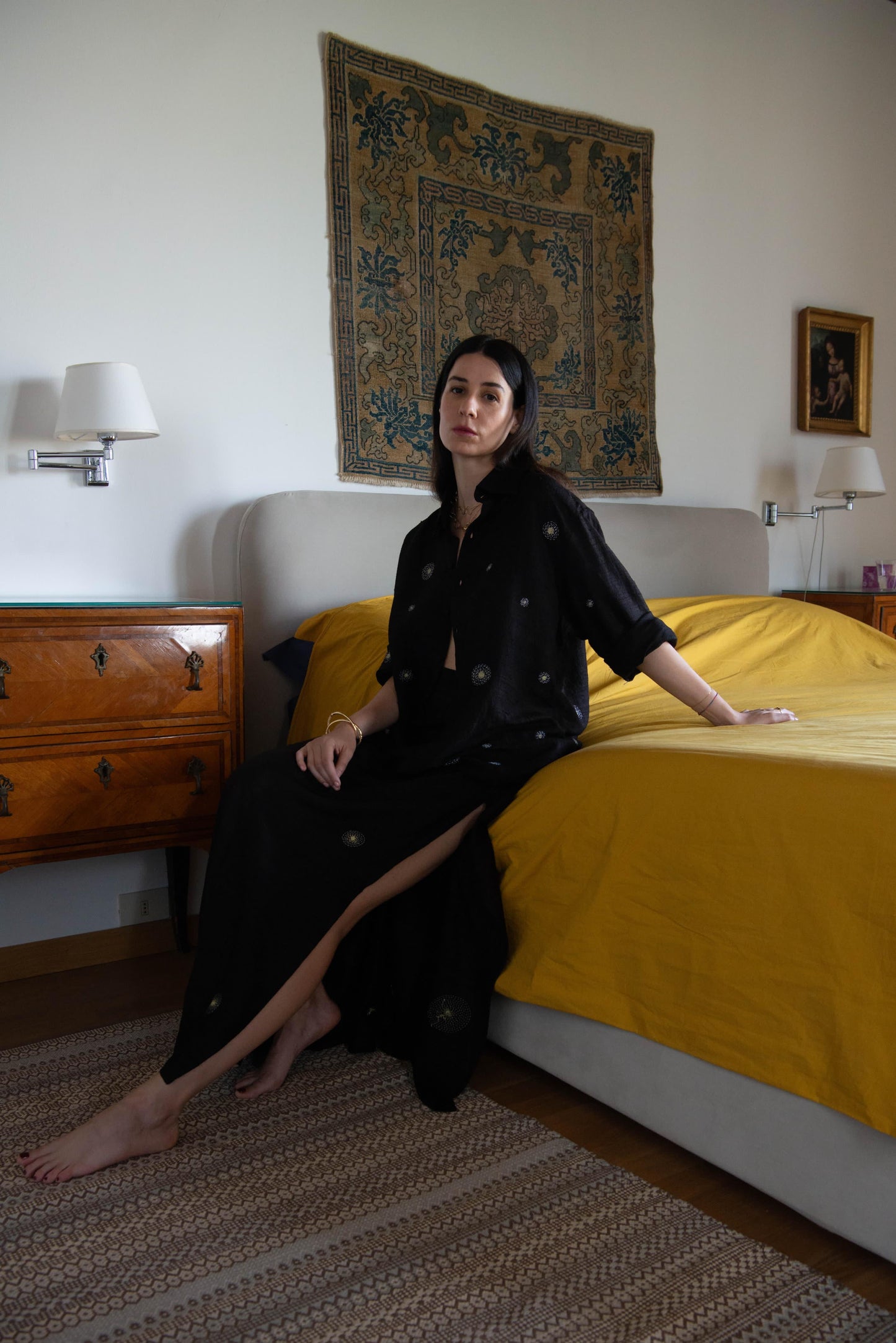 Raw silk constellation long skirt