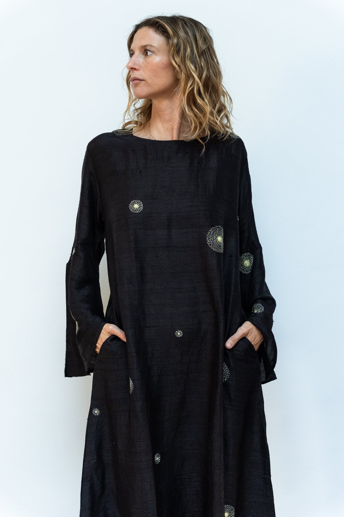 Raw silk constellation flow dress