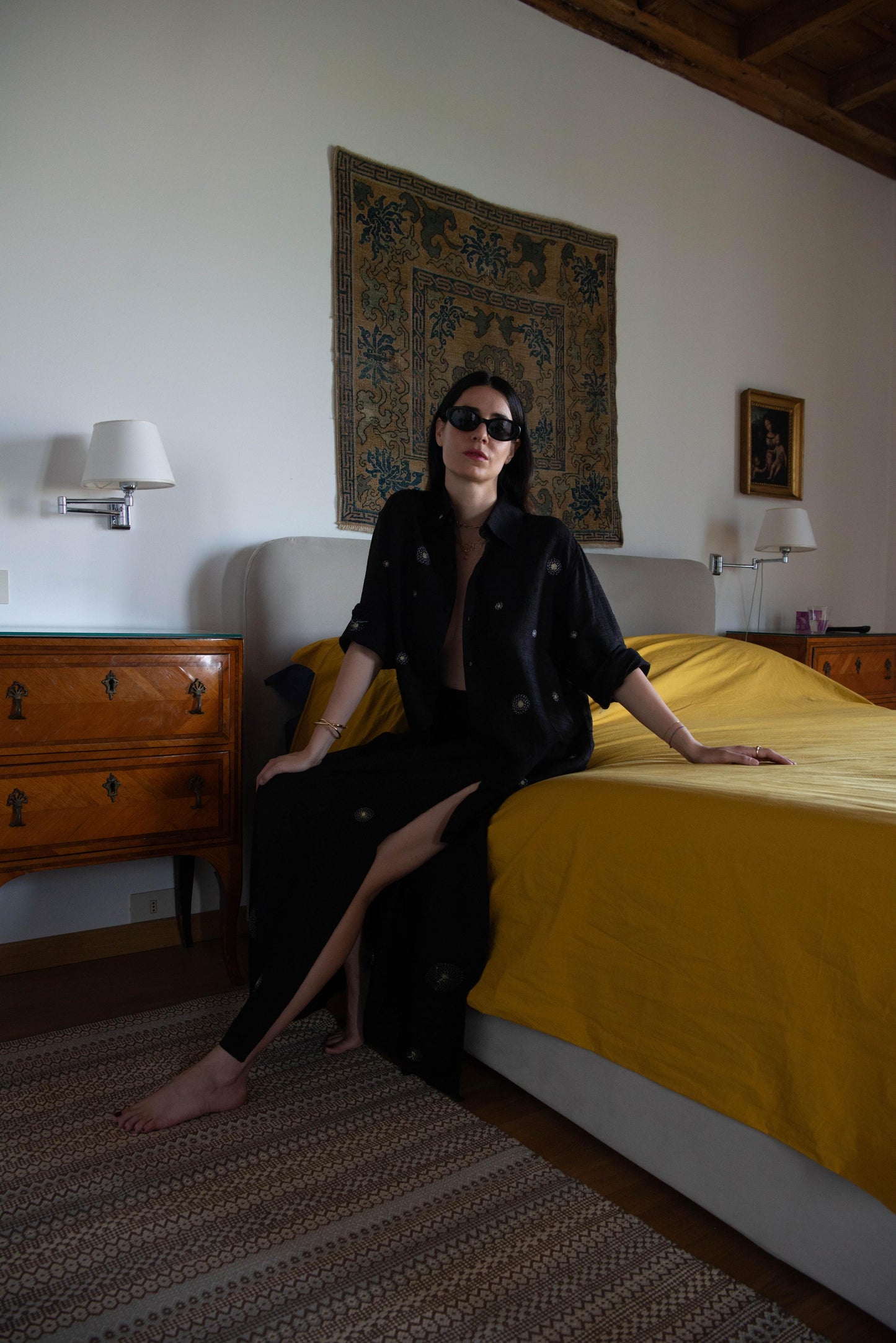 Raw silk constellation long skirt